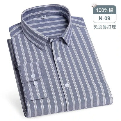 Chemise Oxford rayée à carreaux pour hommes, chemise sociale à manches longues, chemises de travail décontractées, poche, pur coton, qualité, S- 7XL, 8XL, 100%