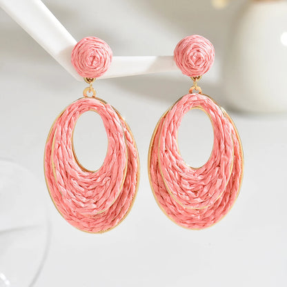 Boho tendance fait à la main Double couche ovale en raphia boucles d'oreilles pour les femmes élégant rotin tricot boucles d'oreilles bijoux d'été cadeaux