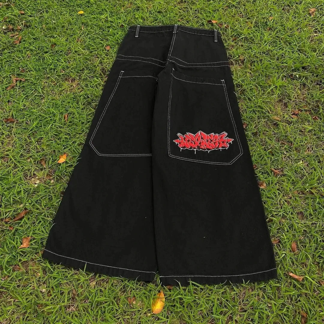 Hommes femmes cerisier fleur chevalier tout broderie Denim pantalon Y2k Vintage Baggy rue jean droit taille haute lavé bleu Jean