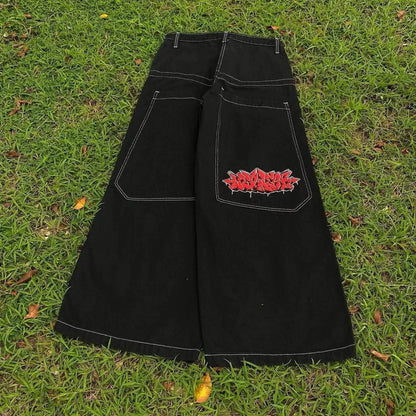 Hommes femmes cerisier fleur chevalier tout broderie Denim pantalon Y2k Vintage Baggy rue jean droit taille haute lavé bleu Jean