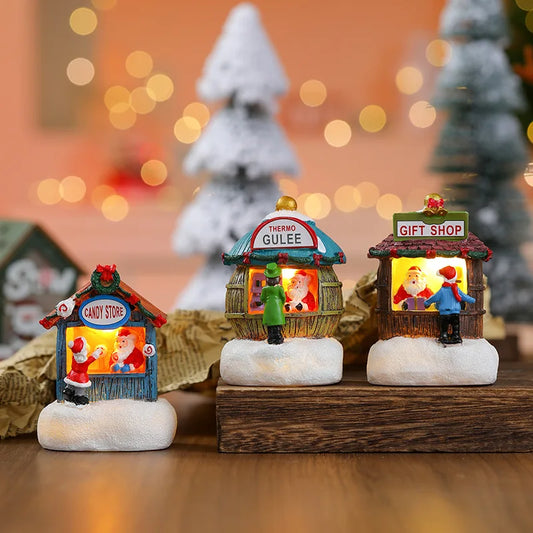 Maison LED de noël, aiguilles de pin, bonhomme de neige de noël, décoration lumineuse en résine, boutique de père noël, Micro ornements de paysage