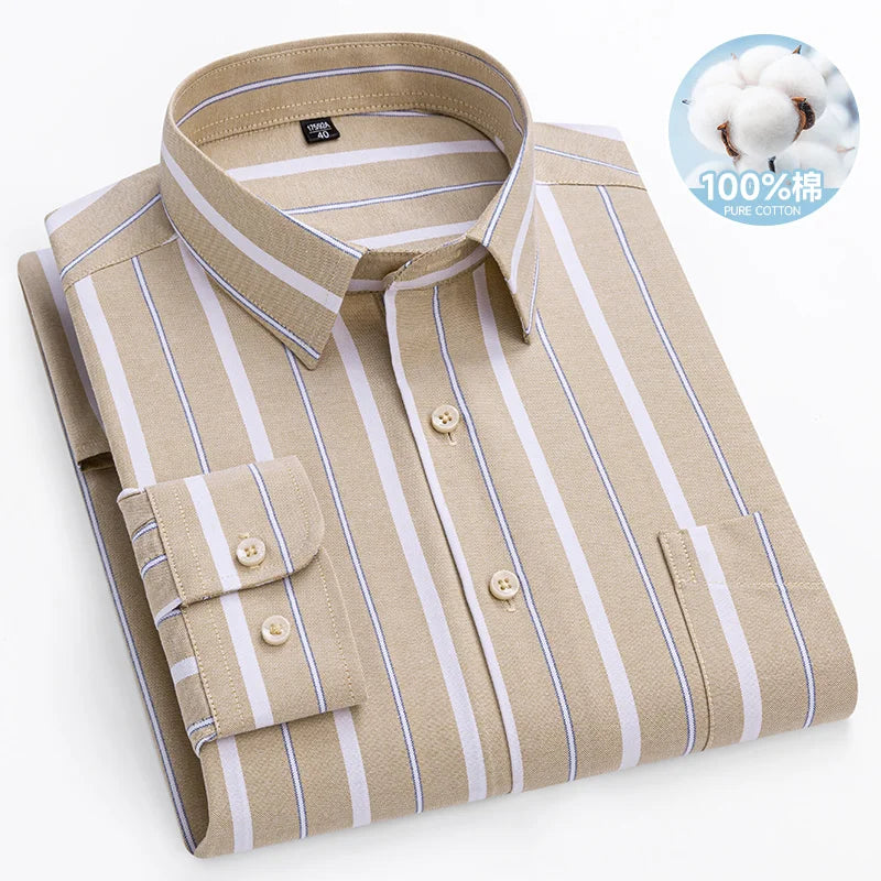 Chemise Oxford rayée à carreaux pour hommes, chemise sociale à manches longues, chemises de travail décontractées, poche, pur coton, qualité, S- 7XL, 8XL, 100%