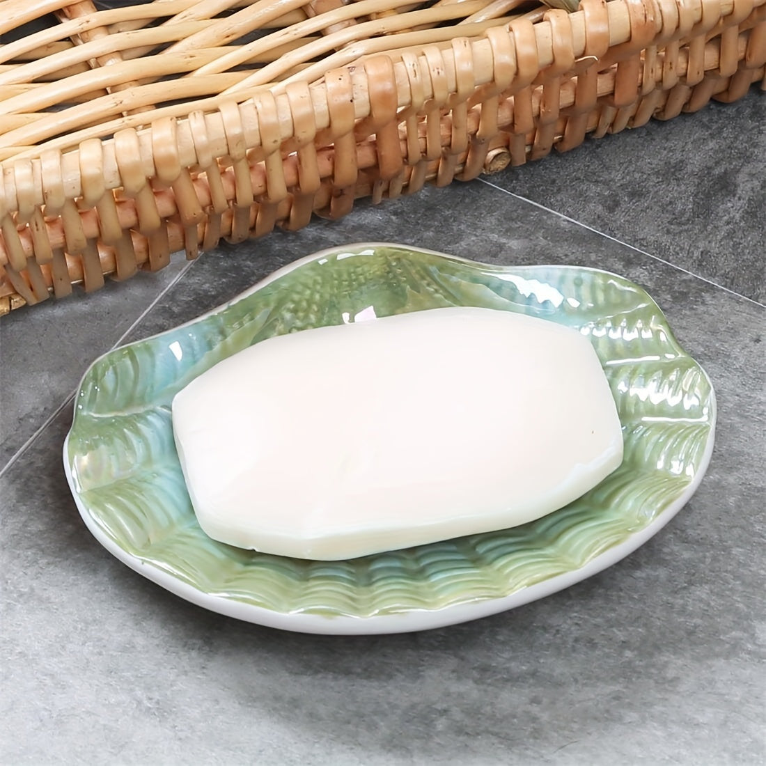 Blue & White Ceramic Ocean Seashell Soap Dish - Elegant Oval Design with Intricate Glossy Finish, Perfect for Bathroom, Tub, and Kitchen Sink, Bathroom Accessories | Decorative Soap Dish | Iridescent Ceramic, Soap Bar Holder