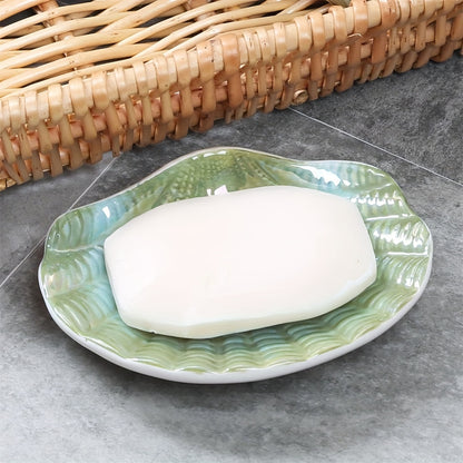 Blue & White Ceramic Ocean Seashell Soap Dish - Elegant Oval Design with Intricate Glossy Finish, Perfect for Bathroom, Tub, and Kitchen Sink, Bathroom Accessories | Decorative Soap Dish | Iridescent Ceramic, Soap Bar Holder