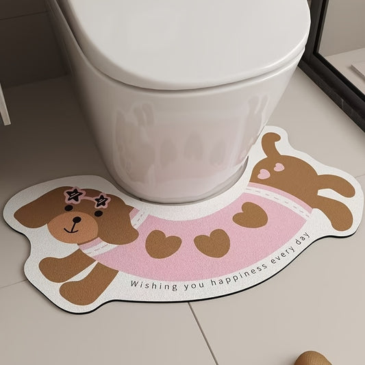 1pc Cute Cartoon U-Shaped Bathroom Rug, Soft Diatom Mud & Rubber Non-Slip Mat, Quick-Dry Polyester Knit Fabric, Machine Made, Hand Wash Only, 1800gsm - Absorbent Toilet Floor Mat