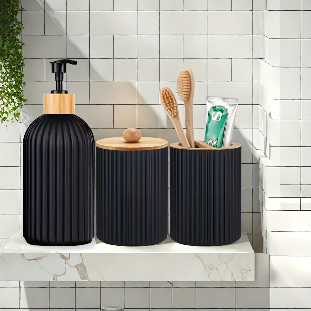 3pcs Refillable Bathroom Dispenser Set, Plastic,, Freestanding, Manual Pump Lotion Dispenser, Swab Holder, Toothbrush Organizer, with No Electricity Needed