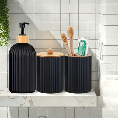 3pcs Refillable Bathroom Dispenser Set, Plastic,, Freestanding, Manual Pump Lotion Dispenser, Swab Holder, Toothbrush Organizer, with No Electricity Needed