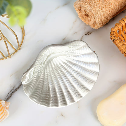 Blue & White Ceramic Ocean Seashell Soap Dish - Elegant Oval Design with Intricate Glossy Finish, Perfect for Bathroom, Tub, and Kitchen Sink, Bathroom Accessories | Decorative Soap Dish | Iridescent Ceramic, Soap Bar Holder