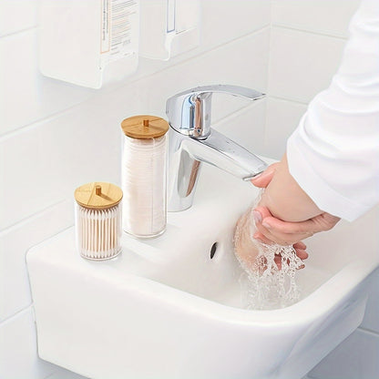 3pcs Makeup Organizer Set with Bamboo Lids - Dust-Proof, Portable Swab & Pad Holder for Bathroom Vanity