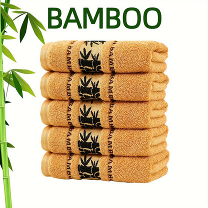 Self Flying Bamboo Fiber Towels Pack of 5 / 5pcs Bamboo Embroidered Hand Towel Set, Absorbent & Quick-Drying Showering Towel, Super Soft & Light Beige-Friendly Bathing Towel, for Home Bathroom, Ideal Bathroom Supplies 35*75cm