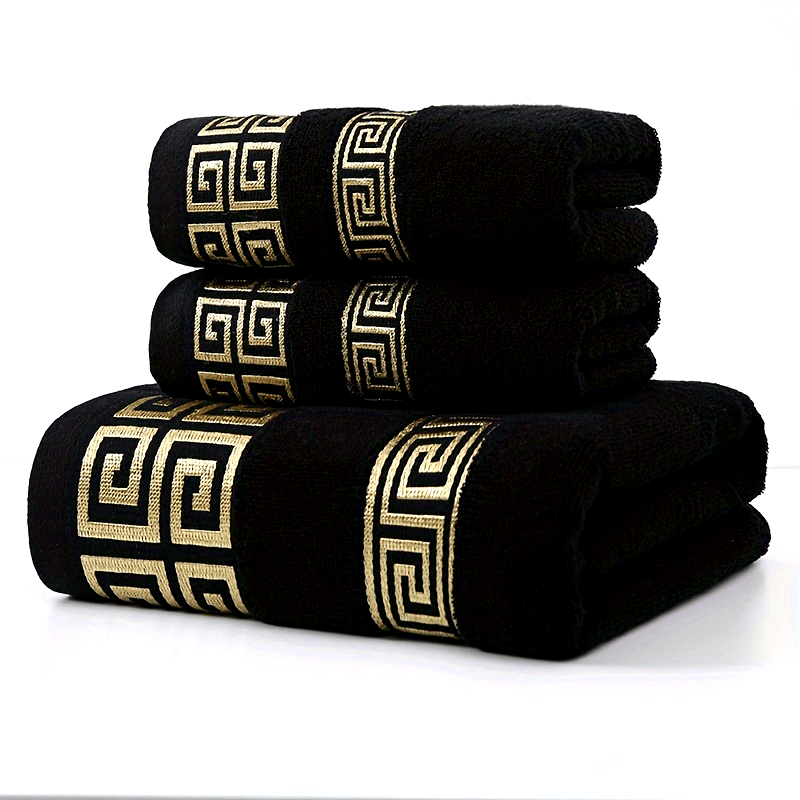 3pcs 100% Cotton Towel Set (1 Bath Towel, 2 Washcloths) GSM410, Exquisite Embroidery, Geometric Pattern, Luxury Style Bath Towel, Very Soft, Very Absorbent, Not Easy to Shed And Not Easy to Fade, Bathroom Essentials, Suitable