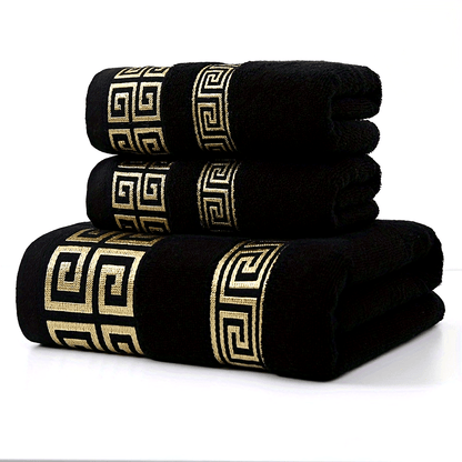 3pcs 100% Cotton Towel Set (1 Bath Towel, 2 Washcloths) GSM410, Exquisite Embroidery, Geometric Pattern, Luxury Style Bath Towel, Very Soft, Very Absorbent, Not Easy to Shed And Not Easy to Fade, Bathroom Essentials, Suitable