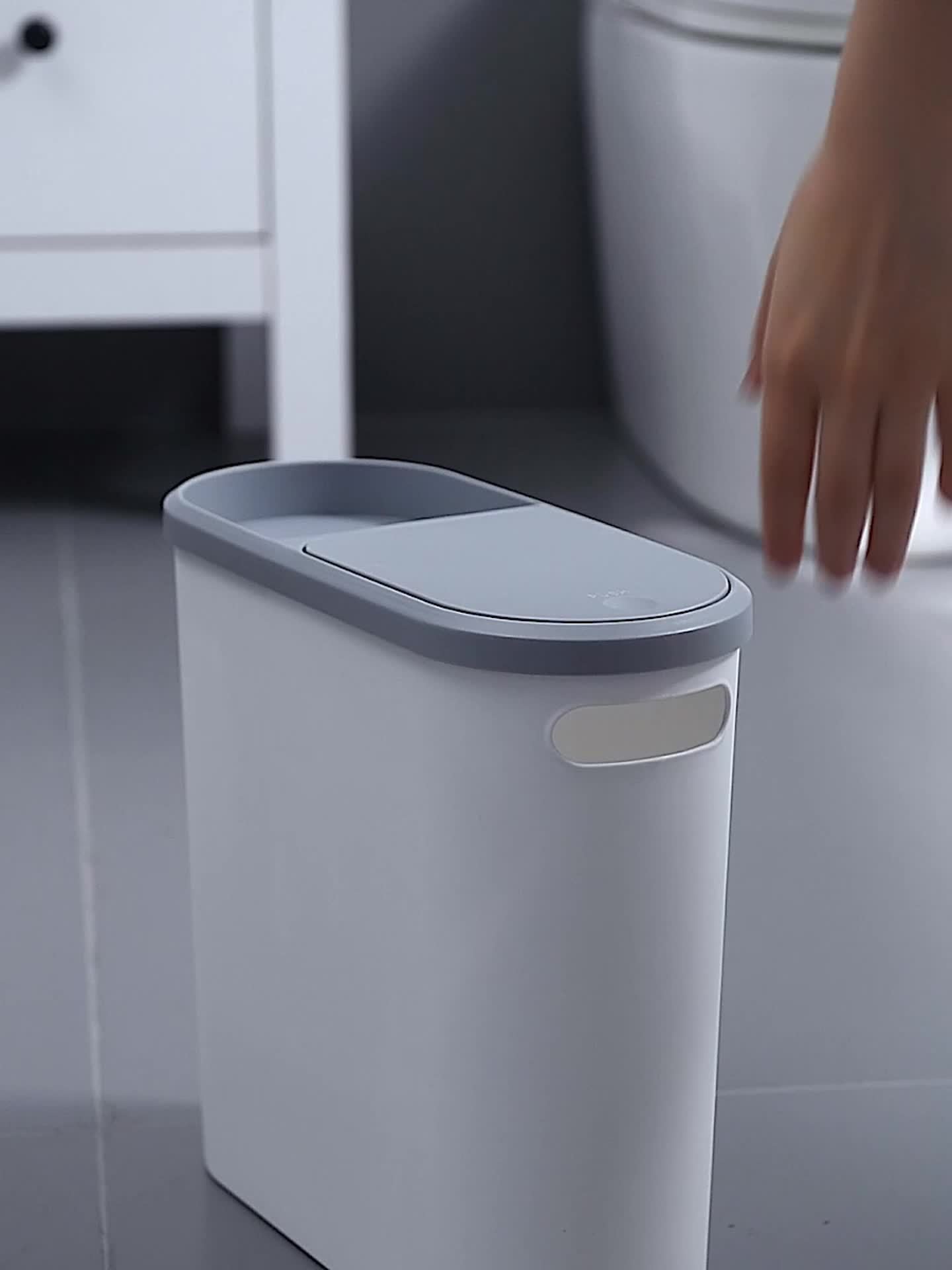 1pc Slim Bathroom Trash Can with Lid, 10L/2.64gal Plastic Garbage Bin, Polished Finish, Odor-Sealing, Press-Top Opening, Bag Holder, Durable Creative Home Accessory for Bathroom, Bedroom, Living Room