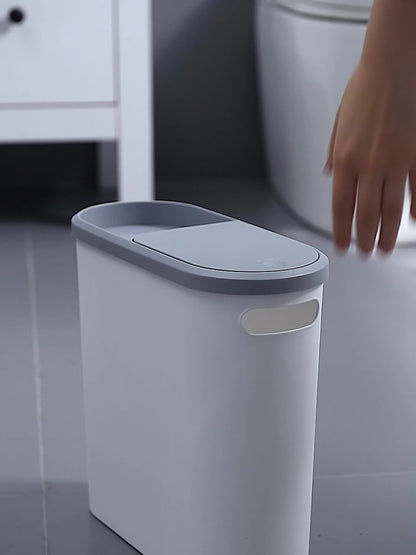 1pc Slim Bathroom Trash Can with Lid, 10L/2.64gal Plastic Garbage Bin, Polished Finish, Odor-Sealing, Press-Top Opening, Bag Holder, Durable Creative Home Accessory for Bathroom, Bedroom, Living Room