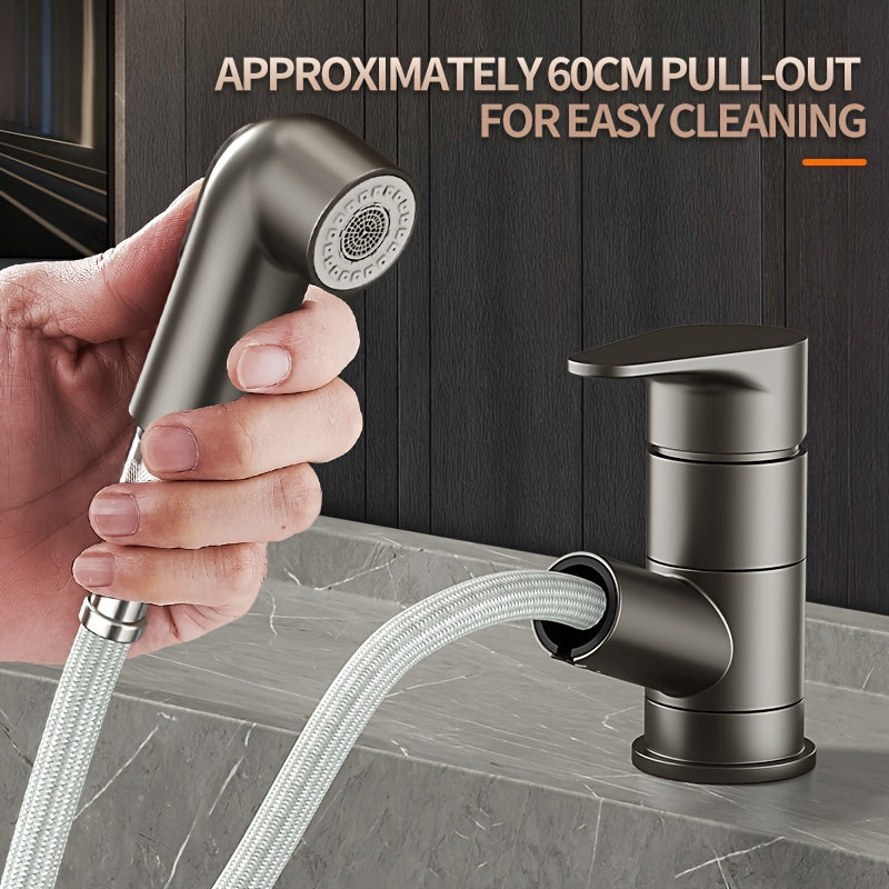Contemporary Brass Pull-Out Bathroom Sink Faucet with Dual Spout Function, 360-Degree Swivel, Single Hole Deck Mount, Ceramic Valve Core, Hot and Cold Water Mixer, Paint Finished Surface