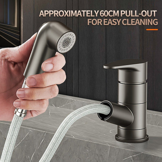 Contemporary Brass Pull-Out Bathroom Sink Faucet with Dual Spout Function, 360-Degree Swivel, Single Hole Deck Mount, Ceramic Valve Core, Hot and Cold Water Mixer, Paint Finished Surface