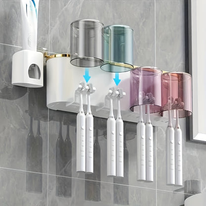 Wall-Mounted Toothbrush Holder Set with Adhesive, No-Drill Installation, Bathroom Storage Organizer with Multiple Slots for Toothbrushes, Toothpaste, Razor, and Tooth-Mug Cups - Unscented, Use Without Power
