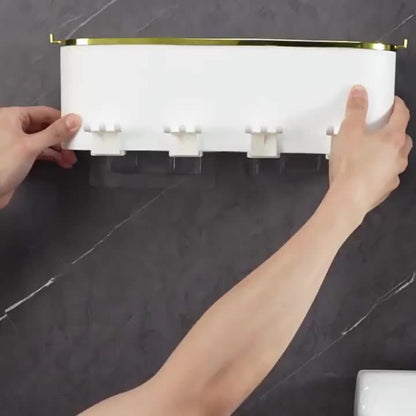 Wall-Mounted Toothbrush Holder Set with Adhesive, No-Drill Installation, Bathroom Storage Organizer with Multiple Slots for Toothbrushes, Toothpaste, Razor, and Tooth-Mug Cups - Unscented, Use Without Power