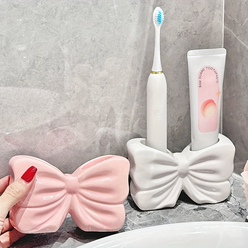 Home Design Cute Girl Heart Bow Toothbrush Holder Bathroom Washstand Toothpaste Ceramic Storage Rack, Shower Caddies