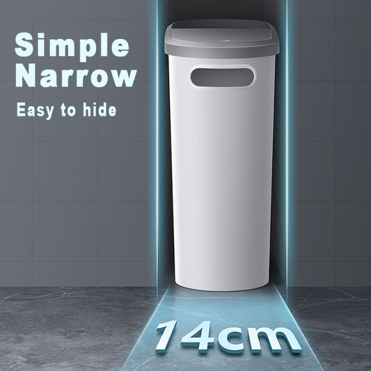 1pc Slim Bathroom Trash Can with Lid, 10L/2.64gal Plastic Garbage Bin, Polished Finish, Odor-Sealing, Press-Top Opening, Bag Holder, Durable Creative Home Accessory for Bathroom, Bedroom, Living Room