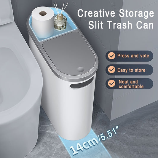 1pc Slim Bathroom Trash Can with Lid, 10L/2.64gal Plastic Garbage Bin, Polished Finish, Odor-Sealing, Press-Top Opening, Bag Holder, Durable Creative Home Accessory for Bathroom, Bedroom, Living Room