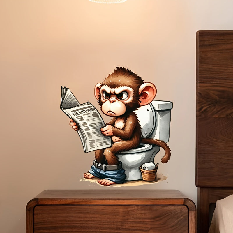 1pc Newspaper-Reading Monkey Toilet Sticker, Animal Series, Self-Adhesive, Ceramic-Compatible, Bathroom Decor, Lid & Tank Decal, Square, Semi-Gloss Finish