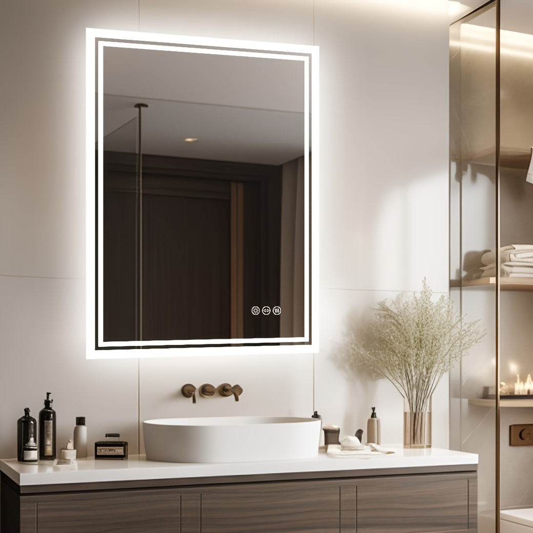 Bathroom Mirror with LED Lights, Large Rectangulaire Makeuo Mirror Dimmable 3 Colour Anti Fog Smart Touch Sensor Vanity Wall Mounted Frosted Glass Frame, Modern Design HD Hanging Bathroom Mirror with Backlit, Vertical Or Hori