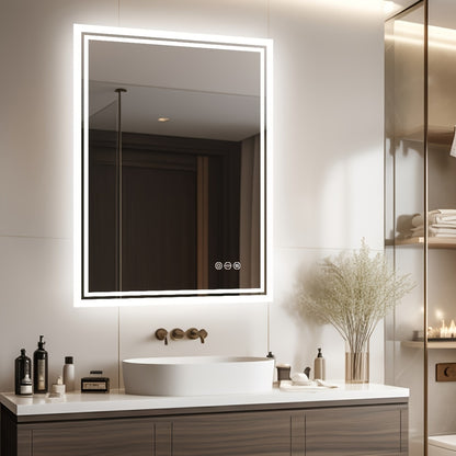 Bathroom Mirror with LED Lights, Large Rectangulaire Makeuo Mirror Dimmable 3 Colour Anti Fog Smart Touch Sensor Vanity Wall Mounted Frosted Glass Frame, Modern Design HD Hanging Bathroom Mirror with Backlit, Vertical Or Hori