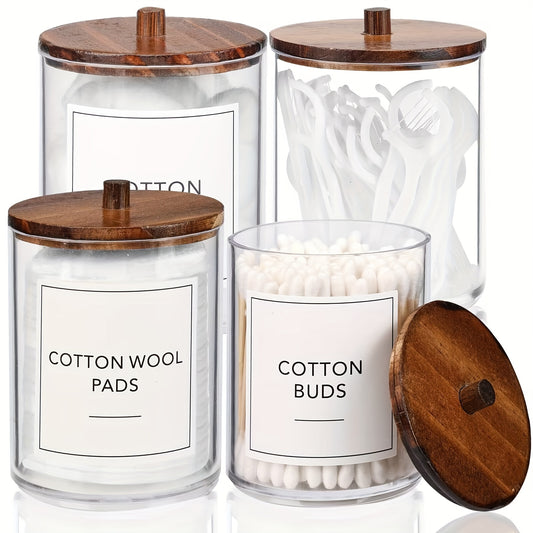 Vintage Style Qtip Dispenser Set with Lidded Wood Tops - Clear Plastic Apothecary Jars, 4-Pack Bathroom Vanity Organizer for Cotton Swabs, Pads, Balls, Floss - Transparent Storage Containers with Window-View Design, Baskets,