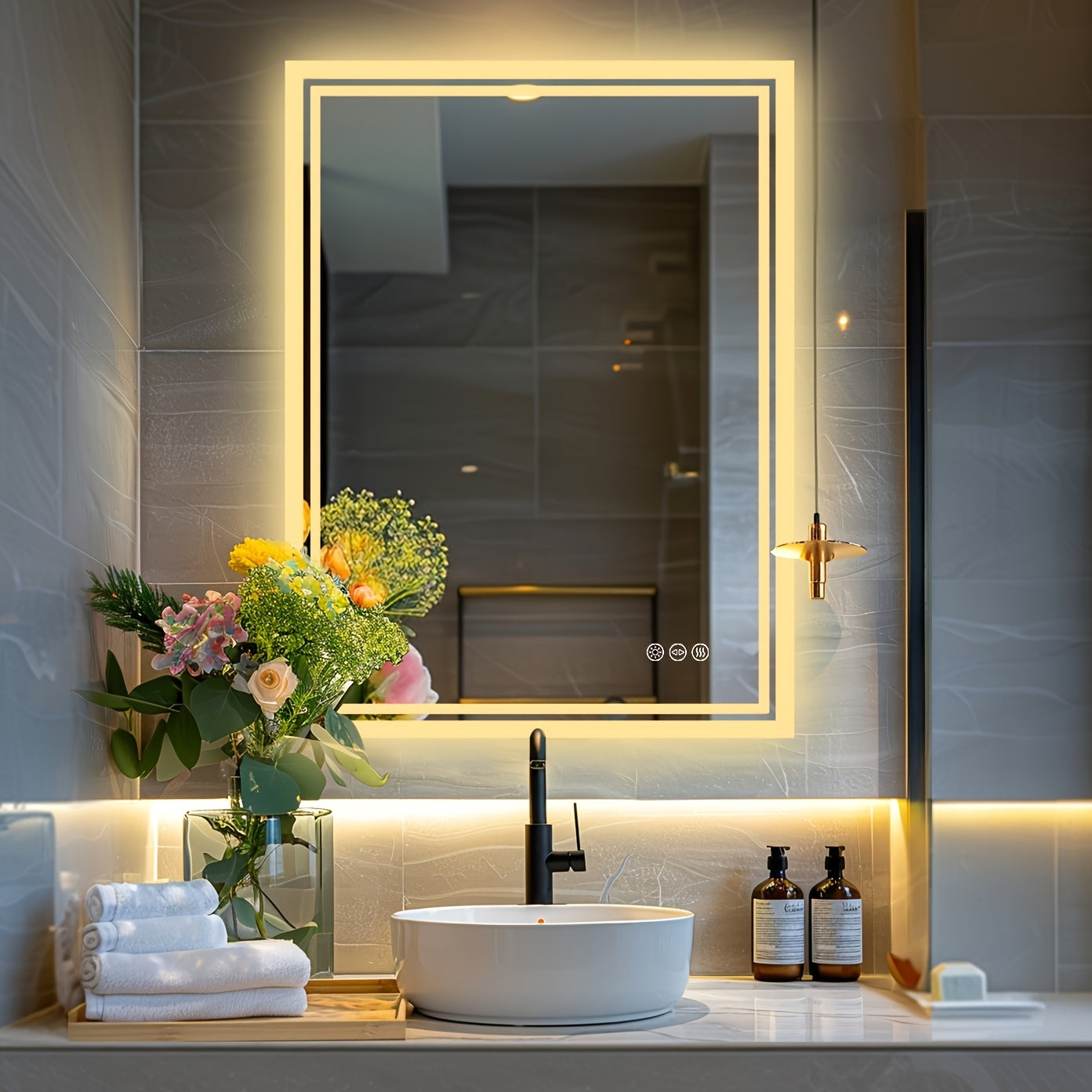 Bathroom Mirror with LED Lights, Large Rectangulaire Makeuo Mirror Dimmable 3 Colour Anti Fog Smart Touch Sensor Vanity Wall Mounted Frosted Glass Frame, Modern Design HD Hanging Bathroom Mirror with Backlit, Vertical Or Hori