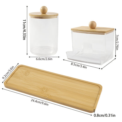 10 oz Qtip Holder with Vanity Tray, 3 Pack Cotton Swab/Ball/Pad Dispenser Apothecary Jar, Clear Bathroom Containers Dispenser for Storage Bamboo Lids