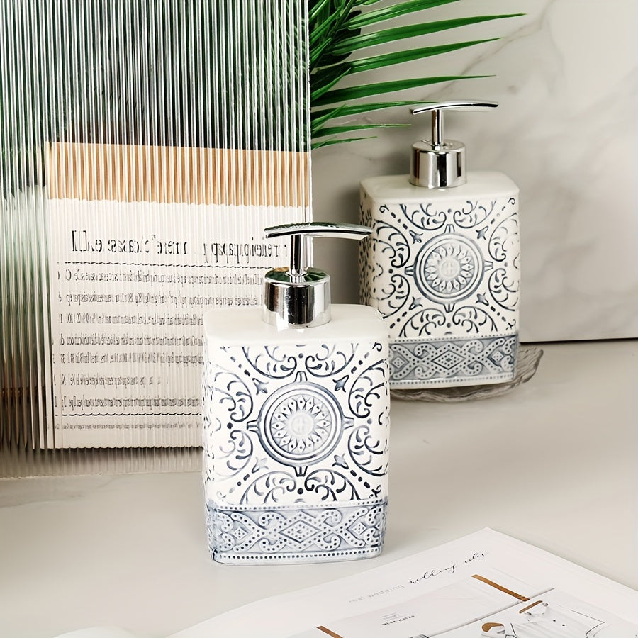 Porcelain Soap Dispenser Manual Pump Bottle Suitable for Bathroom Kitchen, Refillable Liquid Soap Container Bohemian Style Embossed Hand Bottle