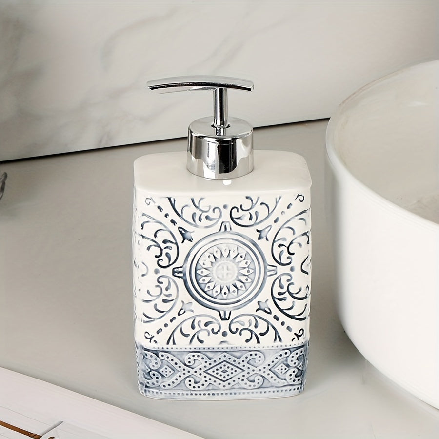 Porcelain Soap Dispenser Manual Pump Bottle Suitable for Bathroom Kitchen, Refillable Liquid Soap Container Bohemian Style Embossed Hand Bottle