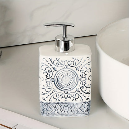 Porcelain Soap Dispenser Manual Pump Bottle Suitable for Bathroom Kitchen, Refillable Liquid Soap Container Bohemian Style Embossed Hand Bottle