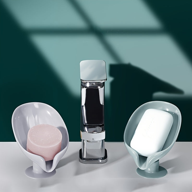 Leaf-Shaped Soap Dish with Drainage, Strong Suction, No Electricity Needed, Enhances Bathroom Decor, Keeps Soap Dry - Green/Gray