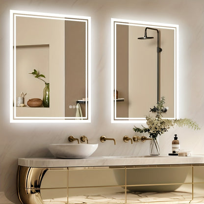 Bathroom Mirror with LED Lights, Large Rectangulaire Makeuo Mirror Dimmable 3 Colour Anti Fog Smart Touch Sensor Vanity Wall Mounted Frosted Glass Frame, Modern Design HD Hanging Bathroom Mirror with Backlit, Vertical Or Hori