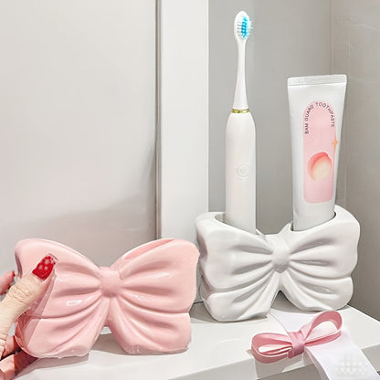 Home Design Cute Girl Heart Bow Toothbrush Holder Bathroom Washstand Toothpaste Ceramic Storage Rack, Shower Caddies