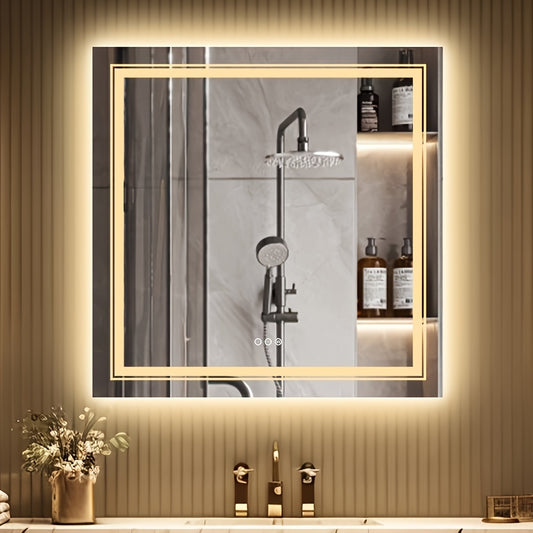 Smart LED Bathroom Mirror: Large Square Dimmable Lighted Mirror Backlit + Front Light, With Touch Sensor And Demister Pad Wall Mounted Vanity Mirror, HD Makeup Hanging Mirror Brightness Adjustable With 3 Lighting Colors, Memo