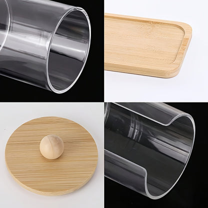 10 oz Qtip Holder with Vanity Tray, 3 Pack Cotton Swab/Ball/Pad Dispenser Apothecary Jar, Clear Bathroom Containers Dispenser for Storage Bamboo Lids