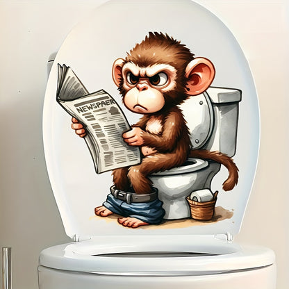 1pc Newspaper-Reading Monkey Toilet Sticker, Animal Series, Self-Adhesive, Ceramic-Compatible, Bathroom Decor, Lid & Tank Decal, Square, Semi-Gloss Finish