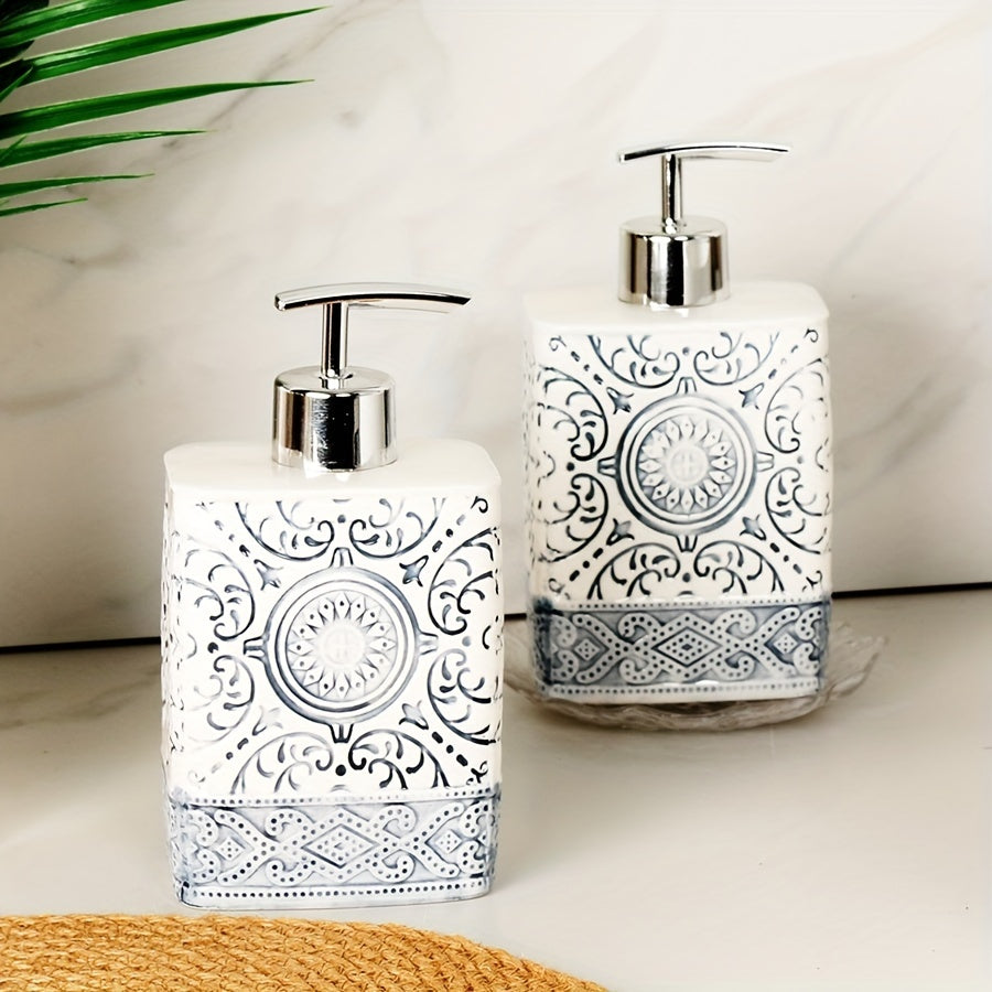 Porcelain Soap Dispenser Manual Pump Bottle Suitable for Bathroom Kitchen, Refillable Liquid Soap Container Bohemian Style Embossed Hand Bottle