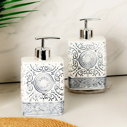Porcelain Soap Dispenser Manual Pump Bottle Suitable for Bathroom Kitchen, Refillable Liquid Soap Container Bohemian Style Embossed Hand Bottle