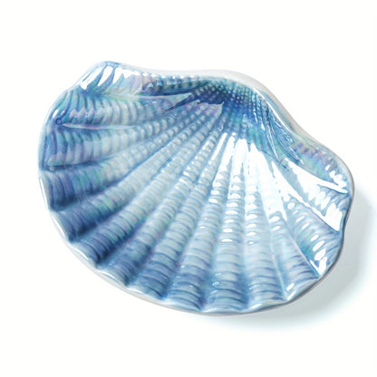 Blue & White Ceramic Ocean Seashell Soap Dish - Elegant Oval Design with Intricate Glossy Finish, Perfect for Bathroom, Tub, and Kitchen Sink, Bathroom Accessories | Decorative Soap Dish | Iridescent Ceramic, Soap Bar Holder