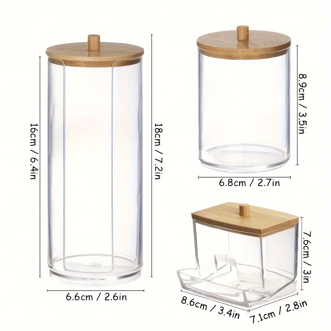 3pcs Makeup Organizer Set with Bamboo Lids - Dust-Proof, Portable Swab & Pad Holder for Bathroom Vanity