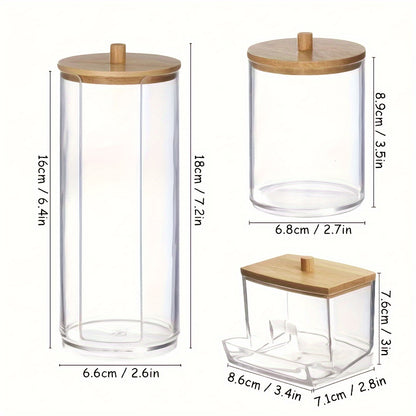 3pcs Makeup Organizer Set with Bamboo Lids - Dust-Proof, Portable Swab & Pad Holder for Bathroom Vanity
