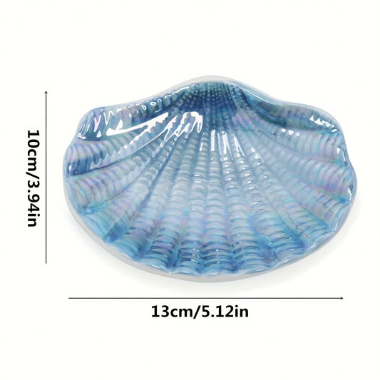 Blue & White Ceramic Ocean Seashell Soap Dish - Elegant Oval Design with Intricate Glossy Finish, Perfect for Bathroom, Tub, and Kitchen Sink, Bathroom Accessories | Decorative Soap Dish | Iridescent Ceramic, Soap Bar Holder
