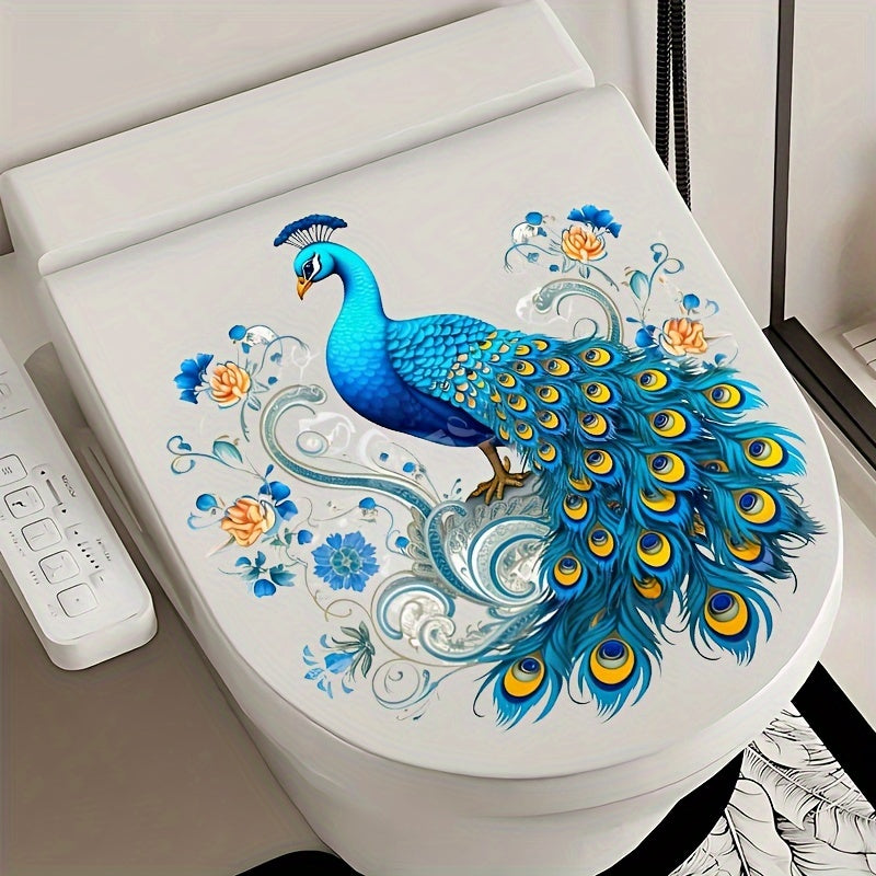 Peacock Toilet Lid Decal - 1pc Self-adhesive Animal Print Bathroom Decoration, Semi-glossy Finish, Plastic Surface Compatible, Single Use Peel and Stick Tank Cover Embellishment
