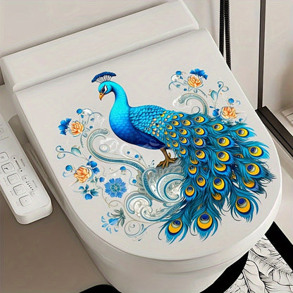 Peacock Toilet Lid Decal - 1pc Self-adhesive Animal Print Bathroom Decoration, Semi-glossy Finish, Plastic Surface Compatible, Single Use Peel and Stick Tank Cover Embellishment