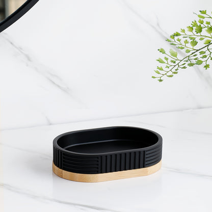 ZHANWANGJIAJU 4pcs Bathroom Accessory Set - Includes Soap Dispenser, Mouthwash Cup, and Soap Dish in Black with Wood Accents