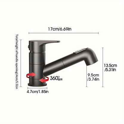 Contemporary Brass Pull-Out Bathroom Sink Faucet with Dual Spout Function, 360-Degree Swivel, Single Hole Deck Mount, Ceramic Valve Core, Hot and Cold Water Mixer, Paint Finished Surface